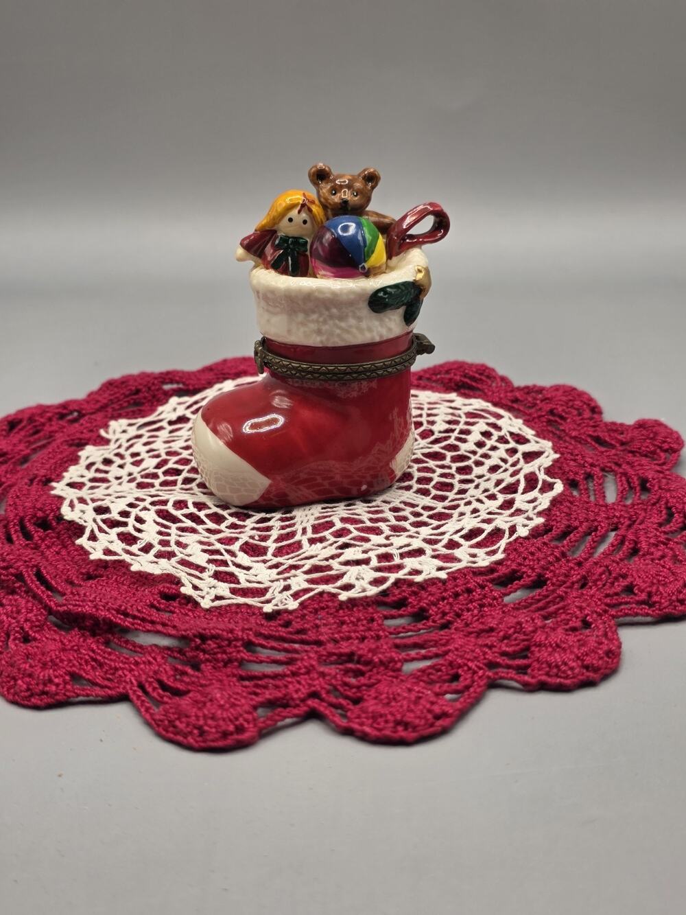 Vtg Figi Christmas Stocking & Teddy Bear Hinged Porcelain Trinket Box 1997
